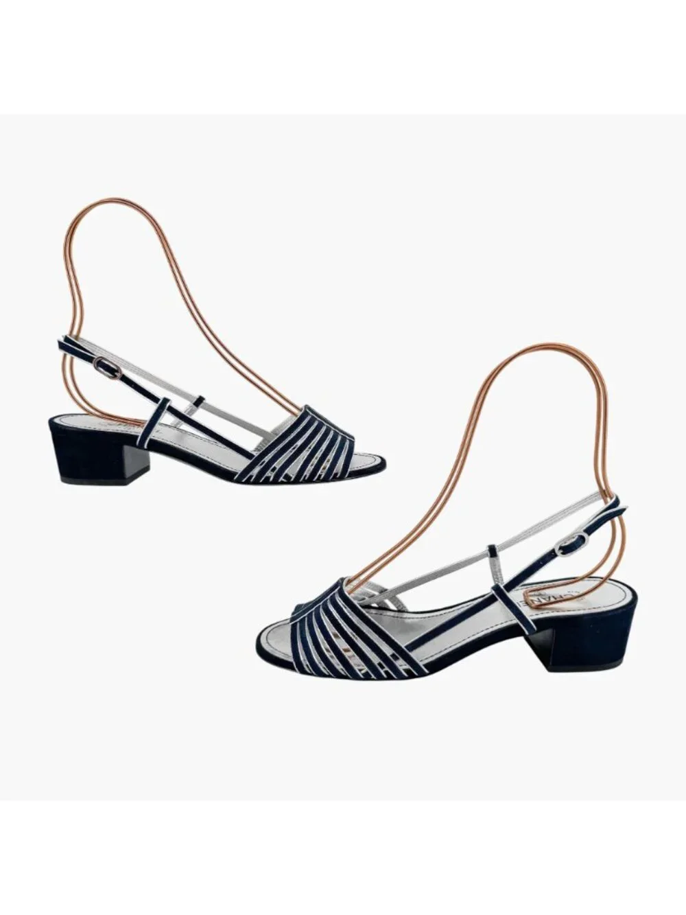 Chanel CC Strappy Slingback Sandals Block Heel Navy Blue Silver Size 37 US 6-6.5